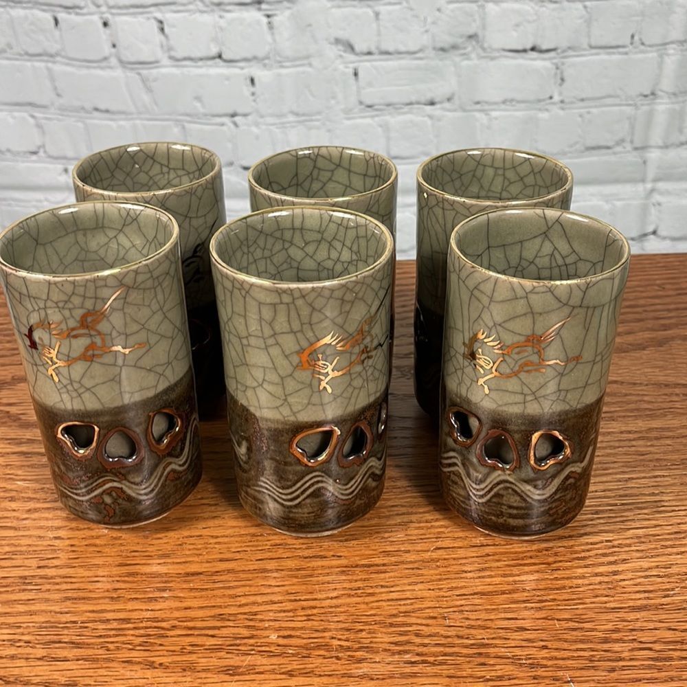 Otagiri Green Crackle Glaze Ceramic Tumbler Set with Gold Accent (6)